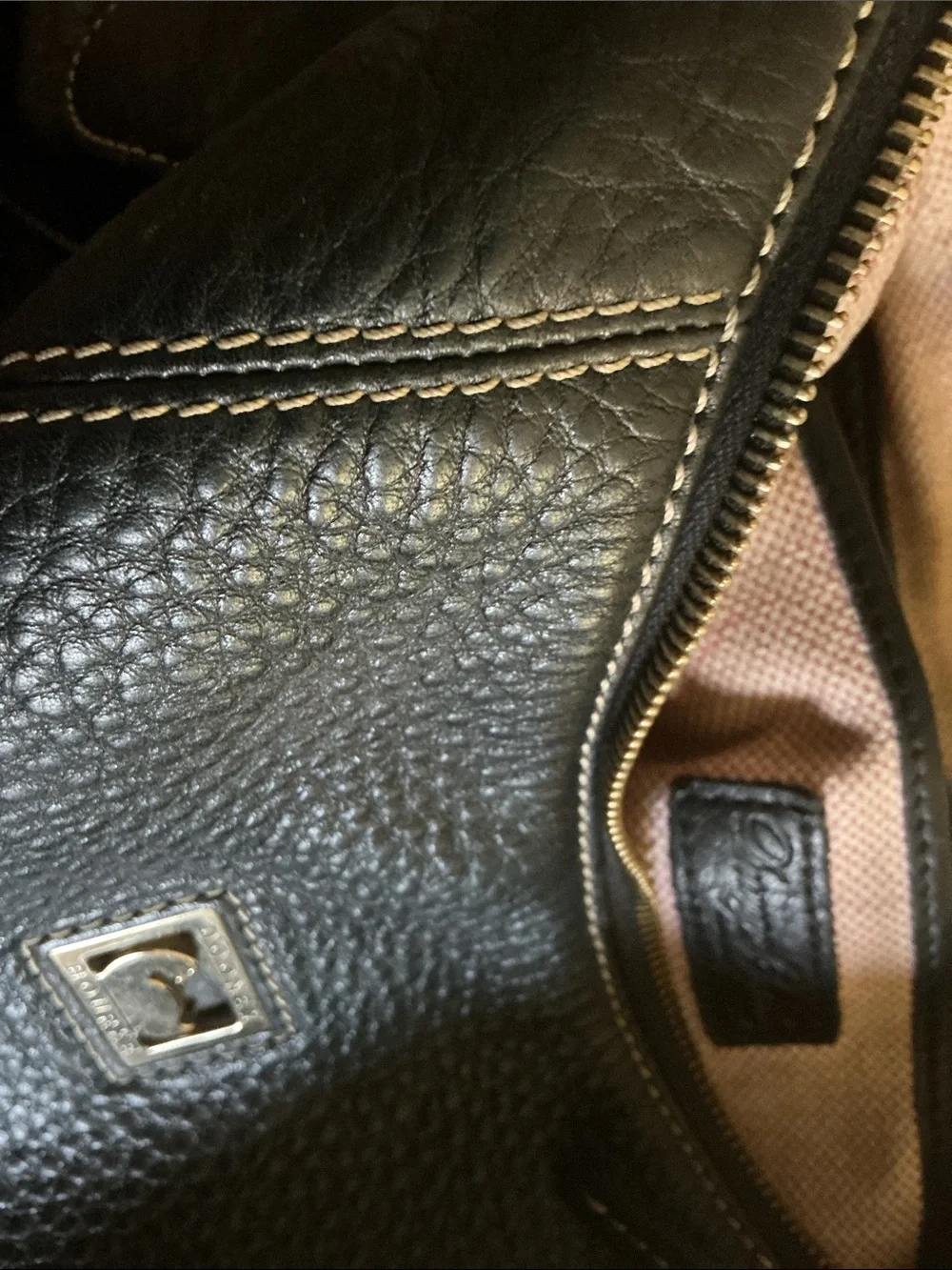 Black Pebbled Leather Shoulder Bag with Gold Logo Plaque